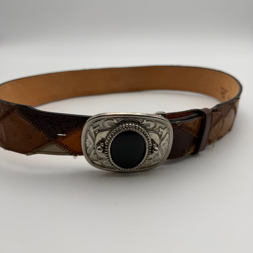 Vintage Tony Lama Patchwork Diamond Quilted Leather Belt Ornate Buckle Size 32 - Picture 4 of 14
